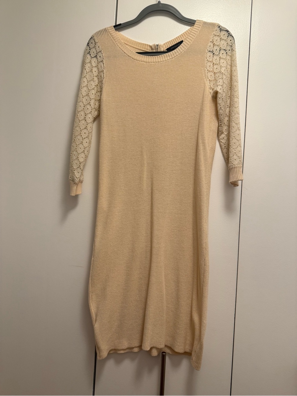 Cream Knit Dress with Lace Sleeves
